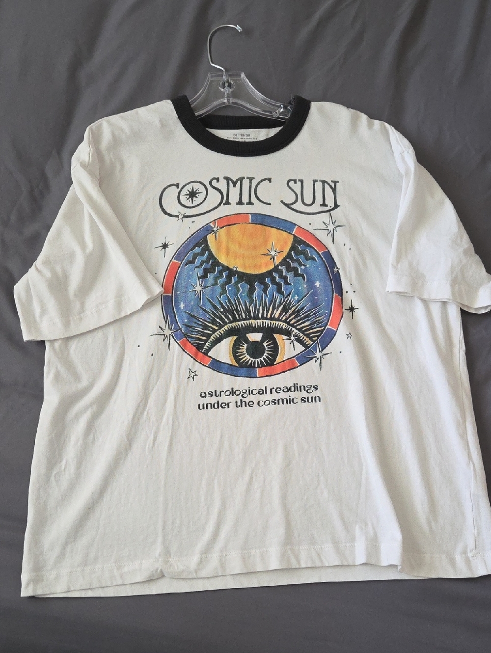 Cotton On White Ringer Tee with Blue, Orange & Black Cosmic Graphic